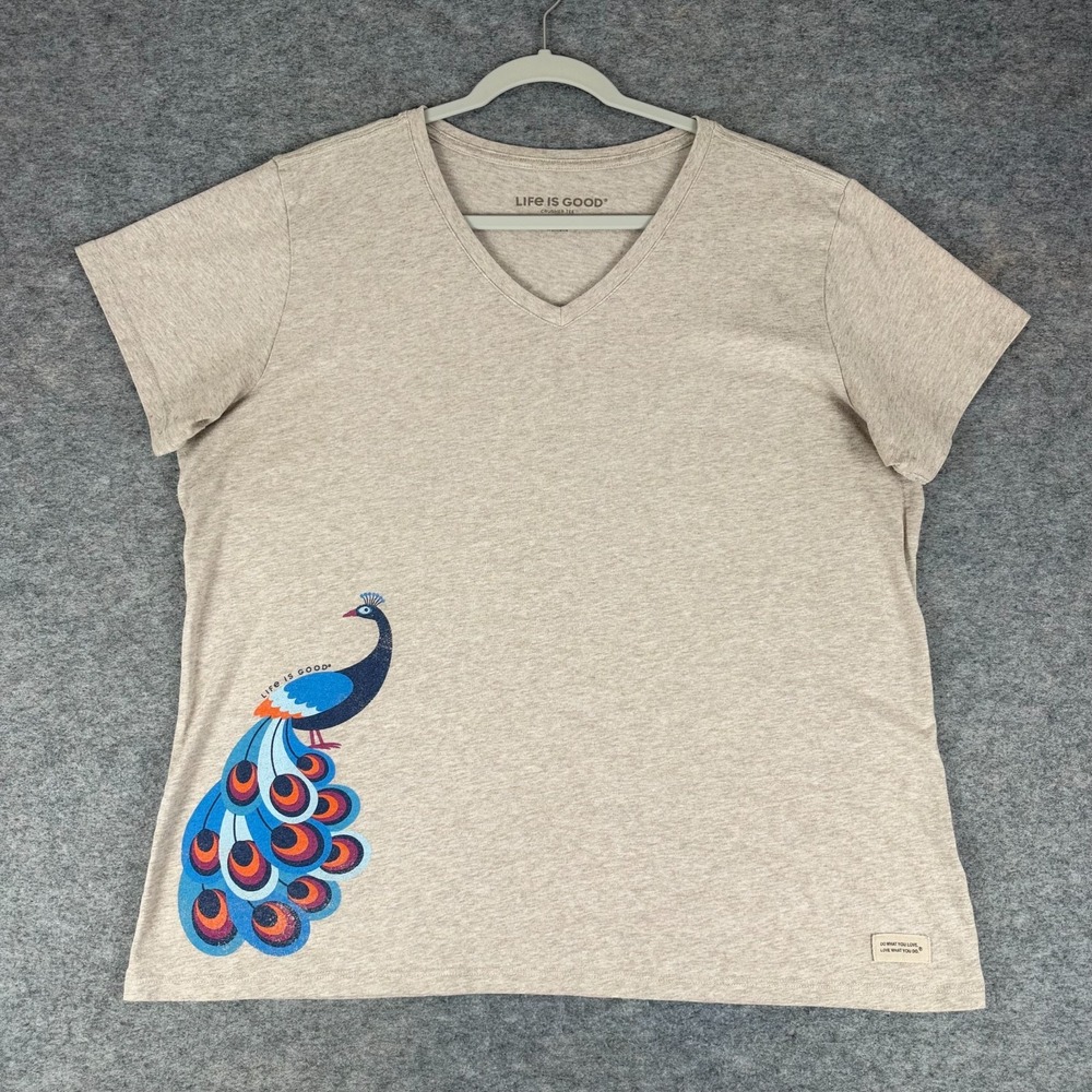 Life Is Good Crusher Tee T-Shirt V-Neck Peacock Beige Womens XL
